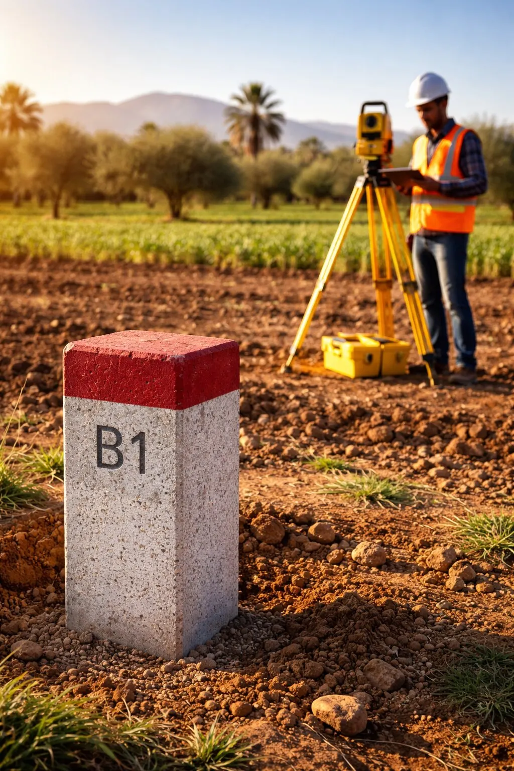 Opération de bornage de propriété au Maroc avec pose de borne et mesure topographique par STOPSIT